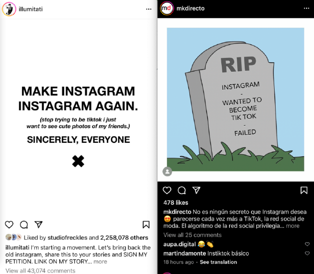 （图注：用户嘲讽Instagram模仿TikTok，失去了灵魂）