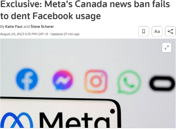 消息称 Meta 加拿大新闻禁令对 Facebook 日活基本没有影响